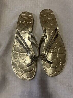 Coach Shoes Coach Juney Patent Leather Flip Flop Sandal Gold Slip On EUC